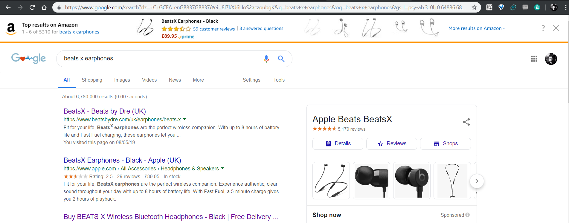 Screenshot taken from Google, browsing the Beats X wireless earphones with Amazon Assistant banner 