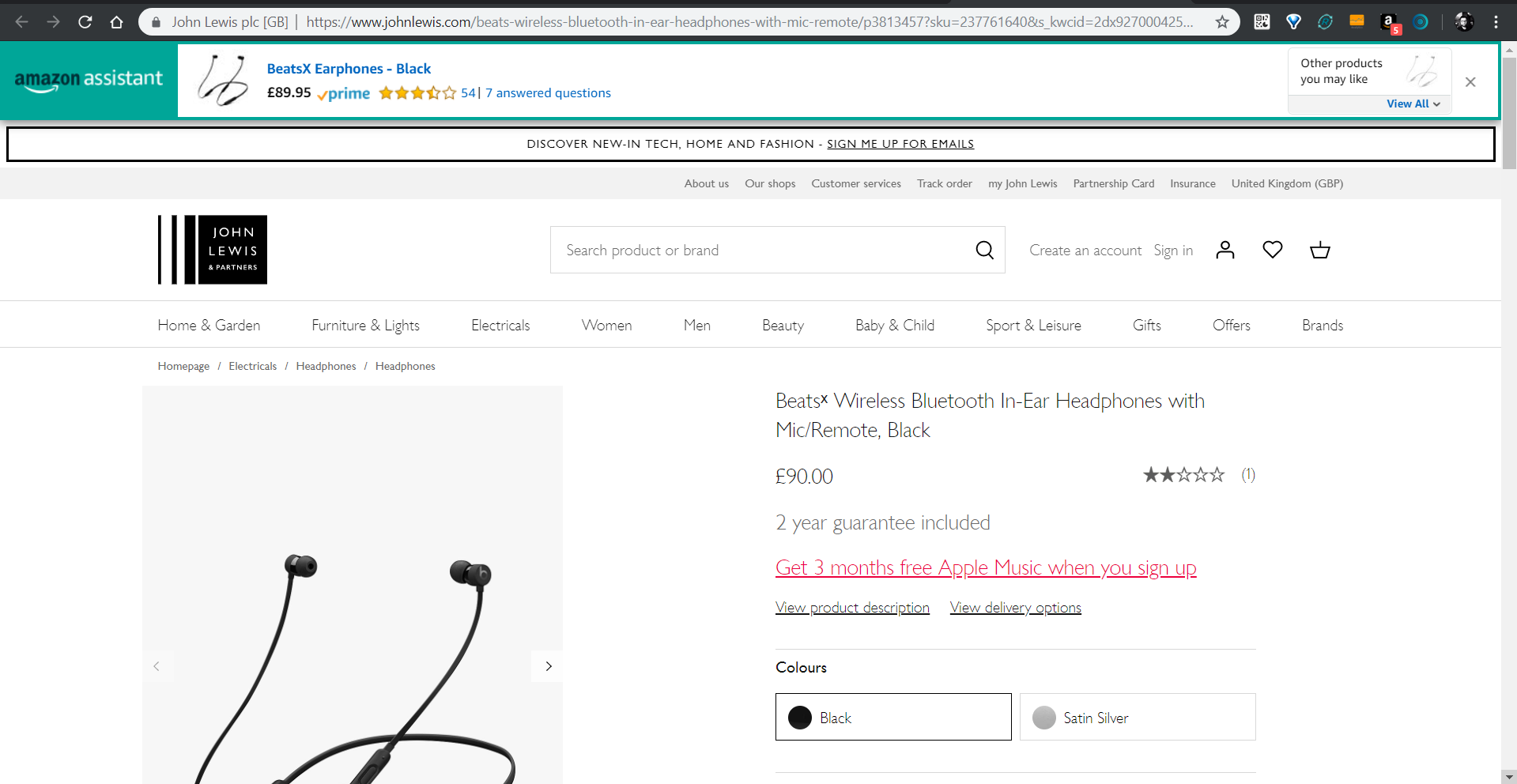 Screenshot taken from the John Lewis website, browsing the Beats X wireless earphones with Amazon Assistant banner 