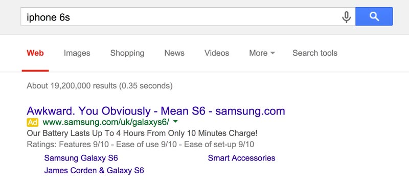 Screenshot of Google search for iPhone returning a Samsung paid advert