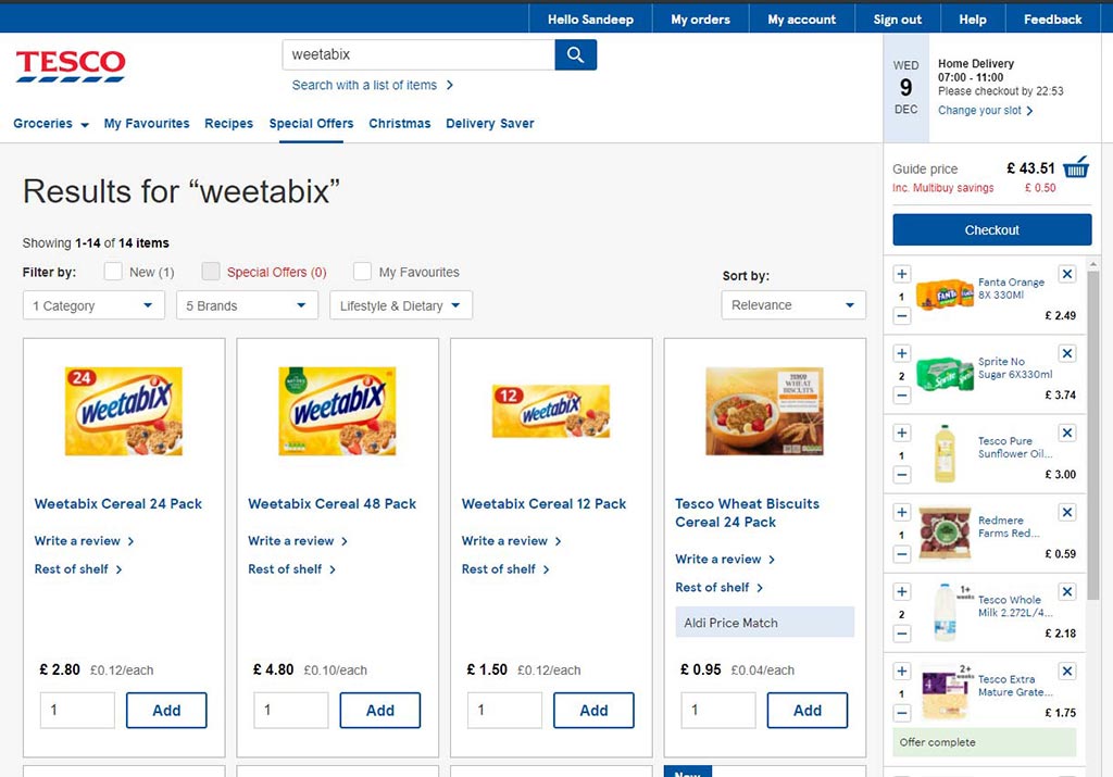 Screenshot of a search for weetabix on Tesco.com