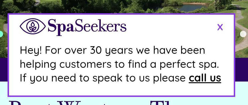 Example pop up message on SpaSeekers website