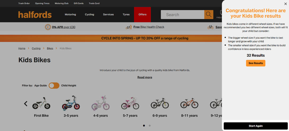 Bike Guided Selling Results on Halfords website
