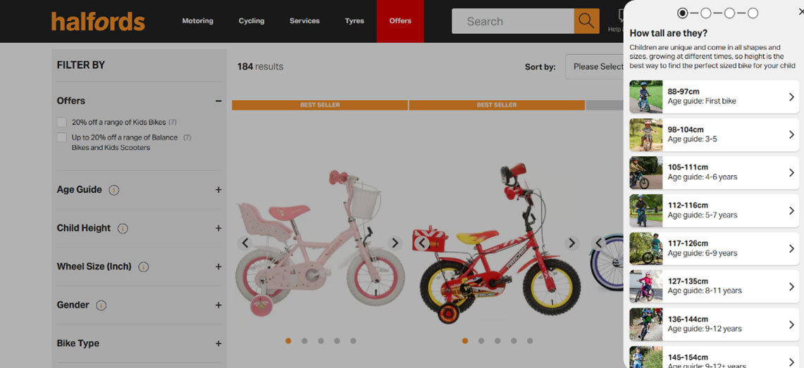 Bike Guided Selling on Halfords website